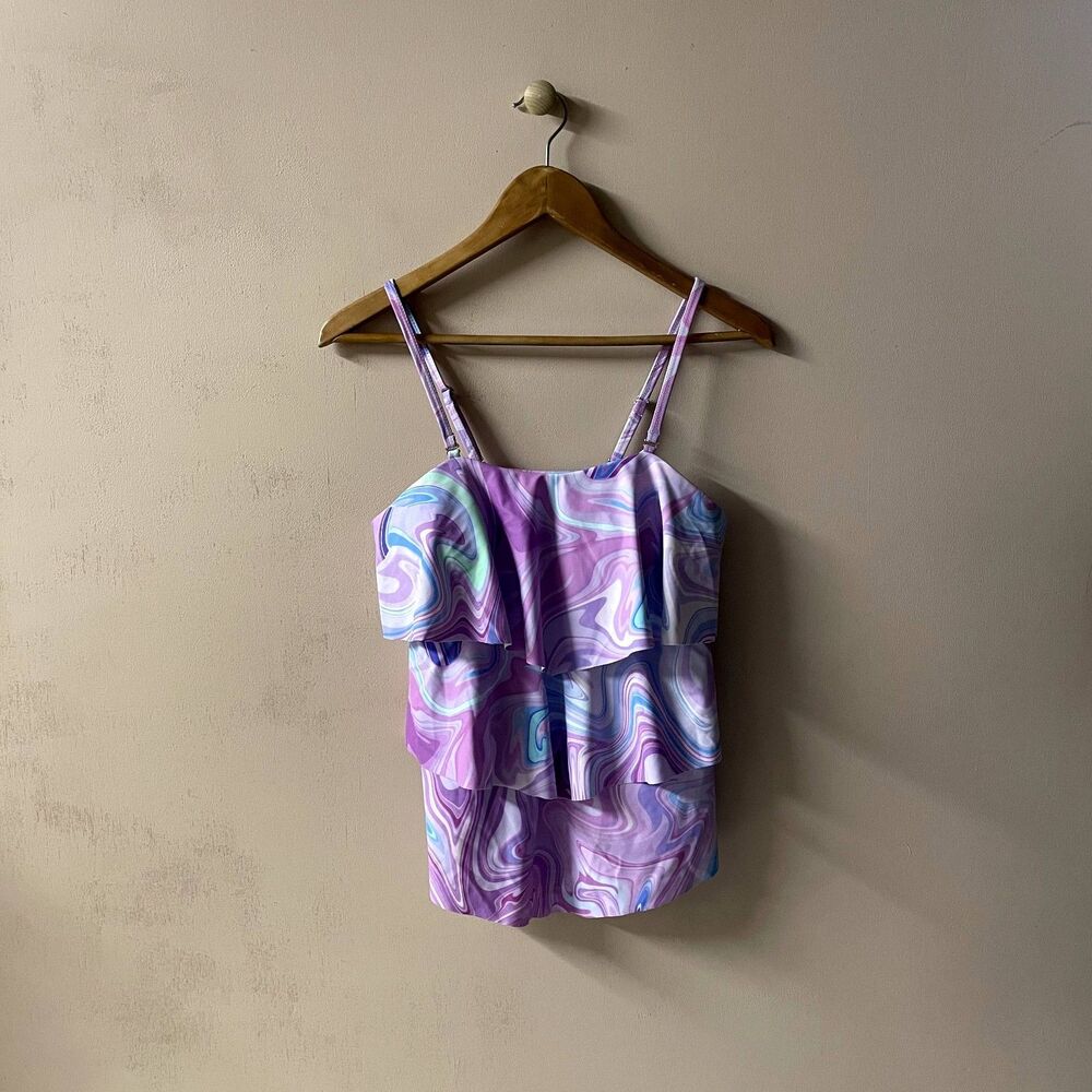 Purple/Blue Marble Tiered Ruffled Swim Suit Top Size M EUC